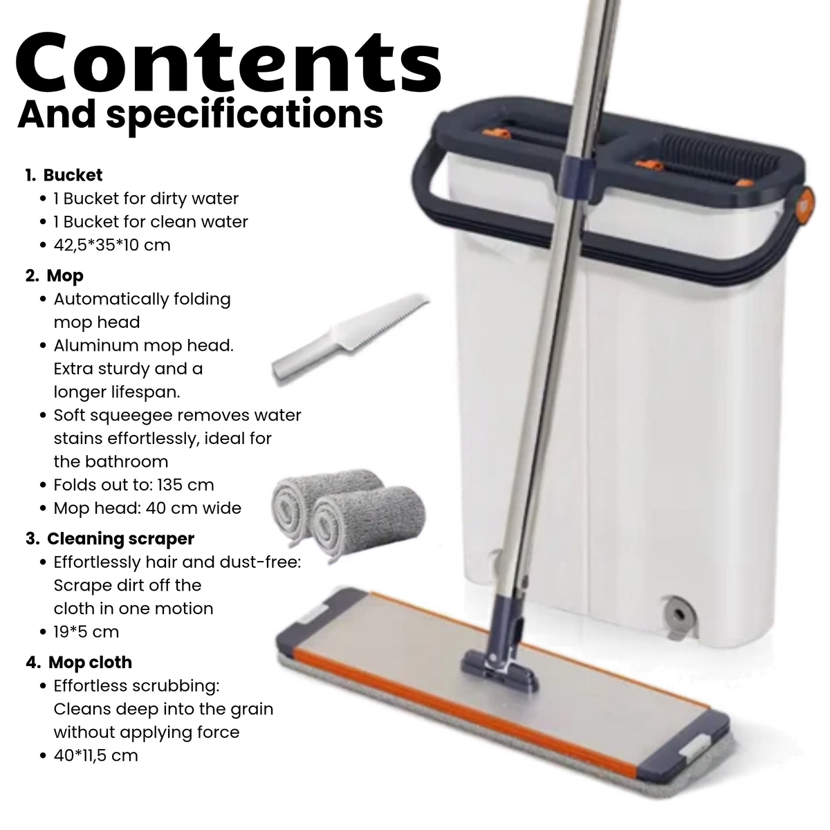 White Aluminium Panel Flat Mop System with two separate water reservoirs